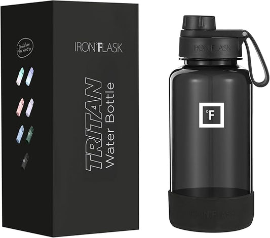 IRON °FLASK Clear Tritan Trekker Water Bottle with Chug Lid & Rubber Boot - Leak Proof & Lightweight for Gym, Hiking, Sports - Dishwasher Safe, BPA Free Plastic - Black, 32 Oz