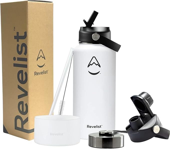 Revelist Sports Water Bottle - 32 Oz, 3 Lids (Straw Lid, Spout & Screw Top) with Boot, Vacuum Insulated Stainless Steel, Double Walled, Reusable Water Flask, Metal Canteen - Arctic White