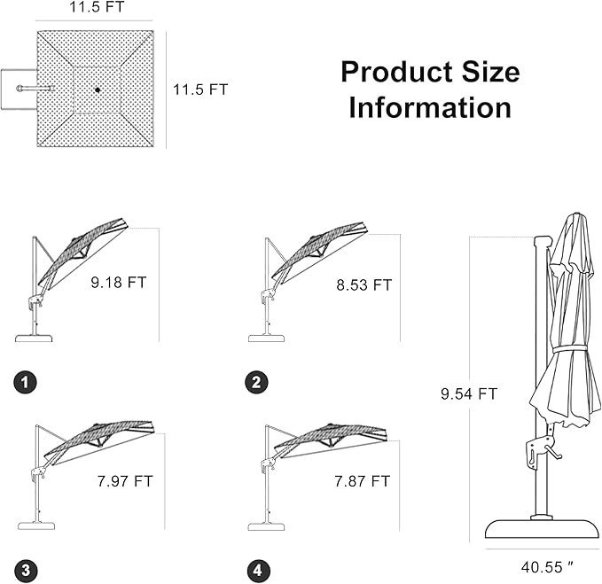 PURPLE LEAF 11.5' X 11.5' Telescopic Patio Umbrella Outdoor Cantilever Umbrella Square Up Down Lifting Offset Umbrella with 360-degree Rotation for Garden Deck Pool Patio Grey