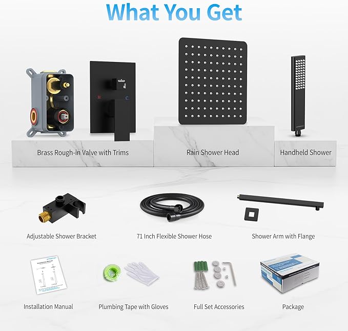 Black Shower System Sets Faucet: EMBATHER 10 Inch Overhead Rainhead Shower Combo Set with Handheld and Valve-Luxury Rain Mixer Rainfall Black Shower Faucets Sets Complete