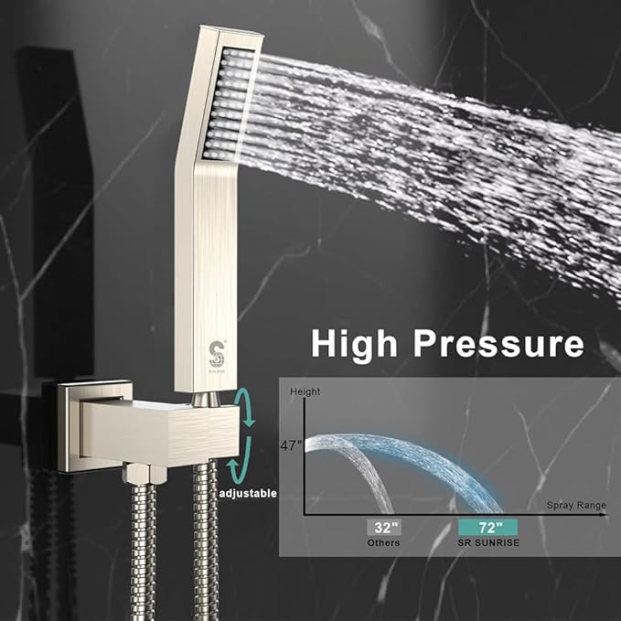 SR SUN RISE 8 Inches All Metal Square Shower System with Tub Spout, Tub Shower Faucet Set, High Pressure Rain Shower Head and Handheld Sprayer Shower Fixtues, Valve Included, Brushed Nickel