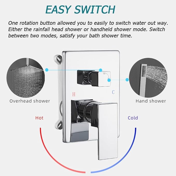 12 Inch Ceiling Mount ‎Polished Chrome Shower System Bathroom Luxury Rain Mixer Shower Combo Set Ceiling Rainfall Shower Head System (Contain Shower Faucet Rough-in Valve Body and Trim)