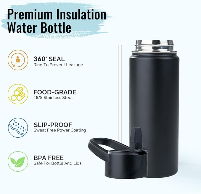 Stainless Steel Water bottle with Straw & Wide Mouth Lid, Wide Rotating Handle, 18oz Double Wall Vacuum Insulated Water Bottle Leak Proof, BPA Free, Keep Cold and Hot, 18oz, Black