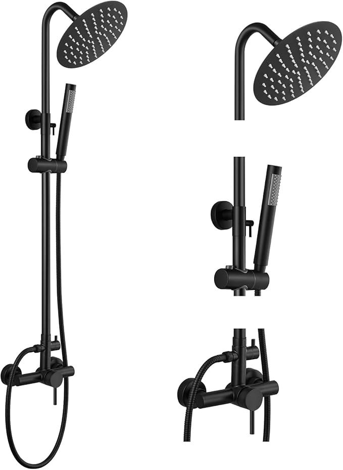 gotonovo SUS304 Outdoor Shower Fixture High Pressure Shower System Wall Mount 2 Dual Function Single Handle Shower Kit with 8 Inch Shower Head and Handheld Spray Shower Faucet Combo, Matte Black