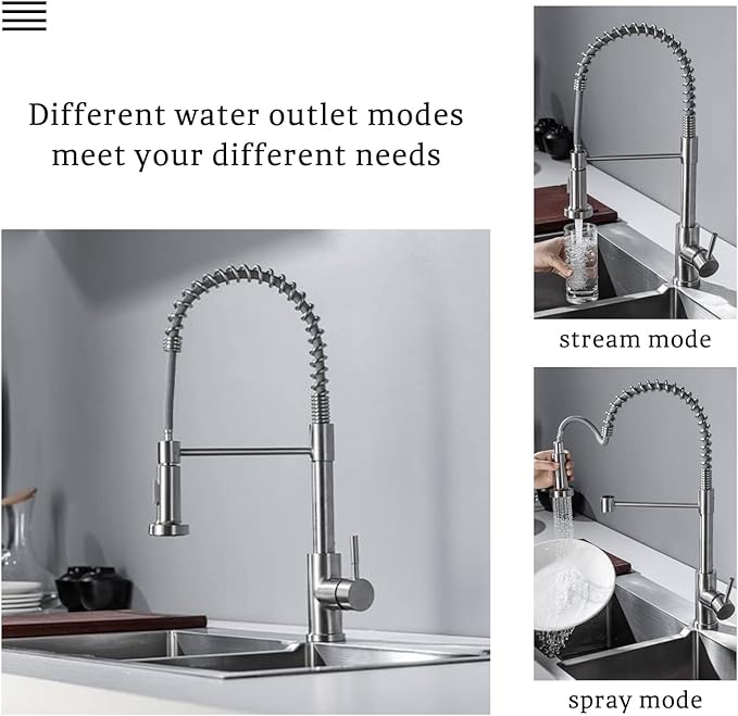Kitchen Faucet with Pull Down Sprayer, Spring Single Handle Kitchen Sink Faucets Modern Brushed Nickel Pull-Out Spring Stainless Steel Kitchen Faucets for Camper Farmhouse RV Bar Kitchen Sinks