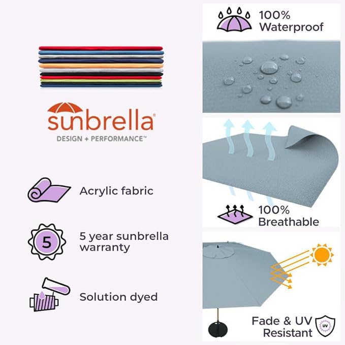Midtown Umbrellas Led Swilt Sunbrella Umbrella, 8 Foot Patio Umbrella In Sunbrella Canvas Haze Acrylic Fabric - Deck Patio Umbrella, Backyard Umbrella, Garden Umbrella & Pool Umbrella - Black Pole