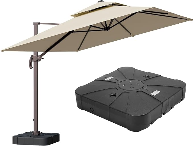 9x12FT Beige Cantilever Outdoor Patio Umbrella with Base, Large Rectangular Offset Design, Double Top Heavy Duty Aluminum Frame & 360° Rotation for Pool Garden Deck Backyard