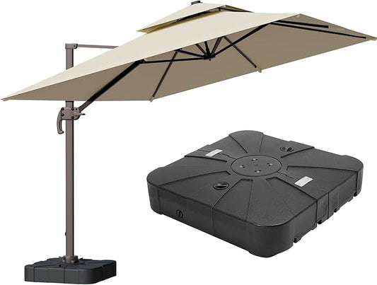 9x12FT Beige Cantilever Outdoor Patio Umbrella with Base, Large Rectangular Offset Design, Double Top Heavy Duty Aluminum Frame & 360° Rotation for Pool Garden Deck Backyard