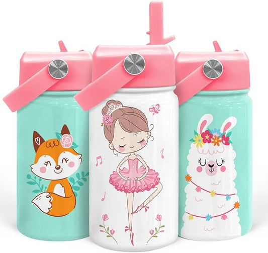 Ballet Water Bottle - Kids Water Bottle with Straw Lid - 12 Oz Insulated Stainless Steel Water Bottles for Toddlers Kid Girls - Travel Cup for School Sports