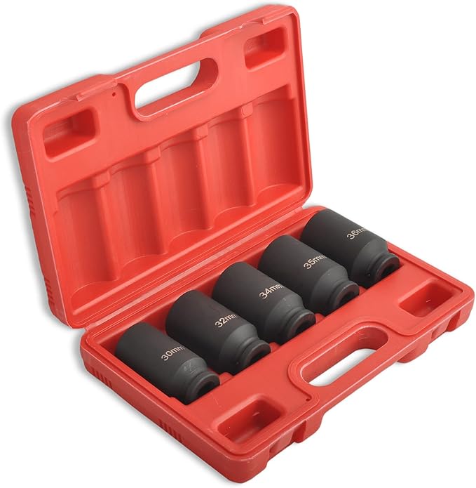5Pcs 1/2" Drive Deep Impact Socket Set 12 Point Metric 30mm 32mm 34mm 35mm 36mm Drive Spindle Axle Hub Nut Socket Set,Heavy Duty w/Portable Storage Case,Use In Removing And Installing Axle Nuts