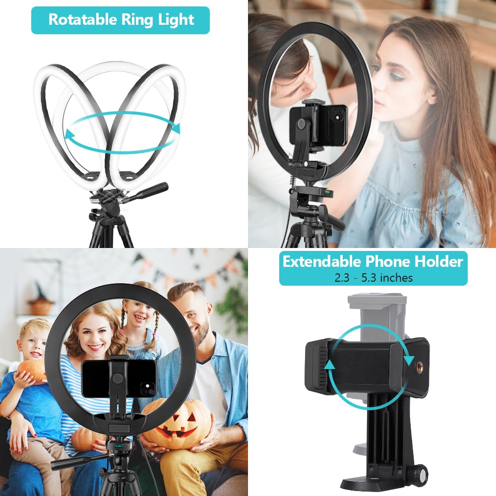 Sensyne 10'' Ring Light with 50'' Extendable Tripod Stand, LED Circle Lights with Phone Holder for Live Stream/Makeup/YouTube Video/TikTok, Compatible with All Phones