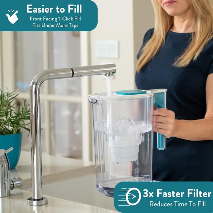 Perfect Pour Large 10 Cup Water Filter Pitcher by Aqua Optima, Reduces Microplastics, Ergonomic, Eliminates Splashes and Spills, BPA Free, NSF Certified, Includes 6 Evolve+ Water Filters, Blue