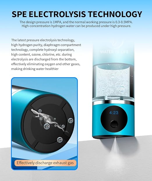 WATER IS LIFE Premium Waterproof Hydrogen Water Ionizer Bottle with LED Light, Magnetic Charging Port, 6000 ppb Hydrogen Content, SPE Electrolysis Technology, Bottom Vent to Discharge Gases (Blue)