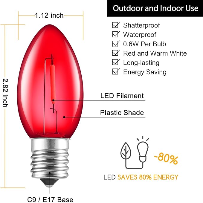 Brightown 25 Pack C9 LED Christmas Light Bulbs, Red and Warm White Plastic C9 Shatterproof LED Bulbs Replacement for Christmas String Lights, E17 Intermediate Base