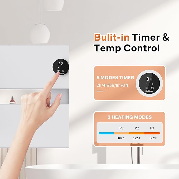 K&KALONZO Electric Towel Warmer, 18.35" W x 14.6" H Wall-Mounted Towel Heater with Built-in Timer, Waterproof Aluminum Towel Warmer for Bathroom, Support Plug-in and Hardwired, White, K2-R-W