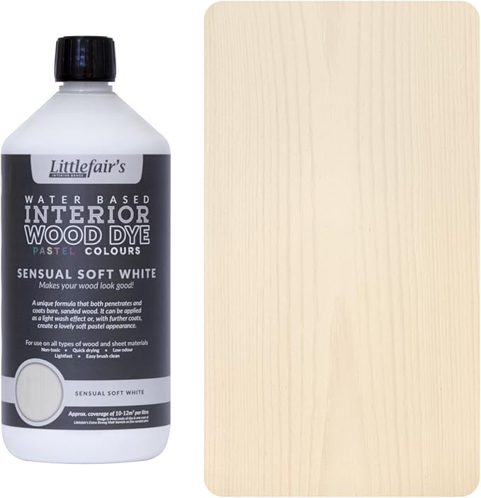Littlefair's Wood Stain Water Based - 34oz/1ltr - Indoor Furniture Stain Light & Dark Finishes - Special Non Toxic & Eco Friendly Formula - Wood Stain for Crafts - Color: Sensual Soft White