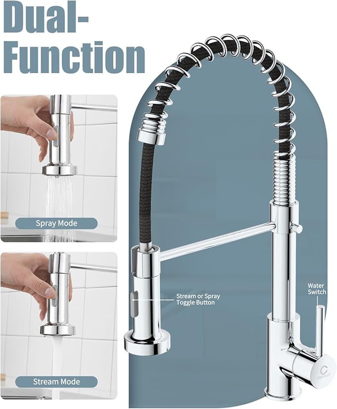 Kitchen Faucet, Commercial Kitchen Sink Faucets with Pull Down Sprayer, Stainless Steel Faucets for Kitchen Sinks, Dual Function Spray Head, Single Handle Spring Kitchen Faucets -Chrome Finish