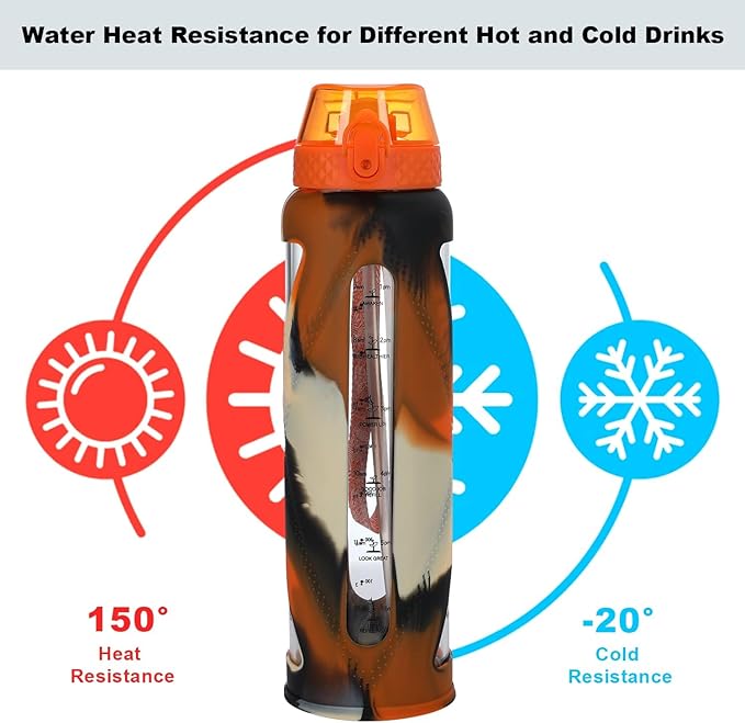 GOPPUS Glass Water Bottles with Straw and Flip Lid, Motivational Water Bottles with Time Marker Reminder and Silicone Sleeve, Leakproof, BPA Free (32 oz, Leopard Orange)