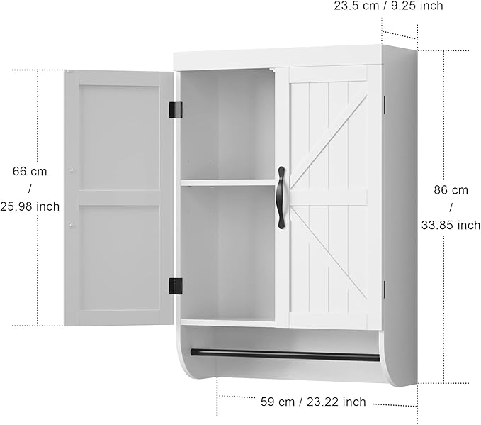 SRIWATANA Bathroom Storage Wall Cabinet Over The Toilet with Adjustable Shelf, Space Saver 2-Door Medicine Cabinet with Metal Bar, White