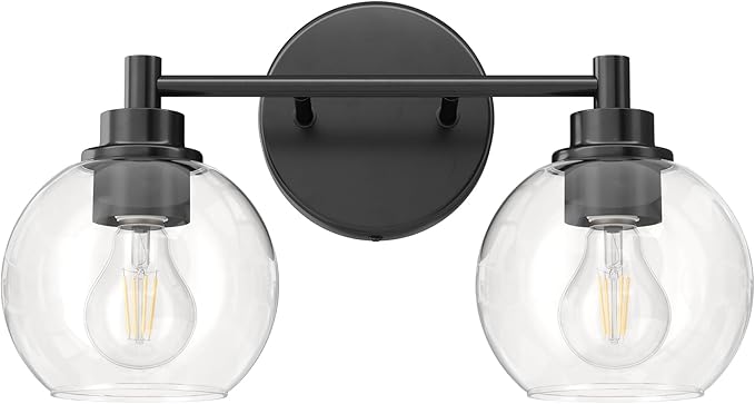 VONLUCE Bathroom Light Fixtures, 2-Light Bathroom Vanity Light with Globe Glass Shades E26 Sockets, Vanity Lights for Bedroom Hallway Living Room, Black Finish