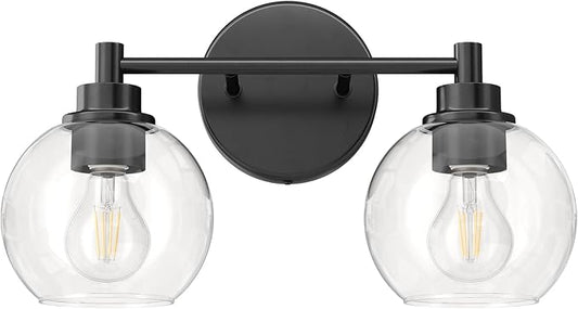 VONLUCE Bathroom Light Fixtures, 2-Light Bathroom Vanity Light with Globe Glass Shades E26 Sockets, Vanity Lights for Bedroom Hallway Living Room, Black Finish