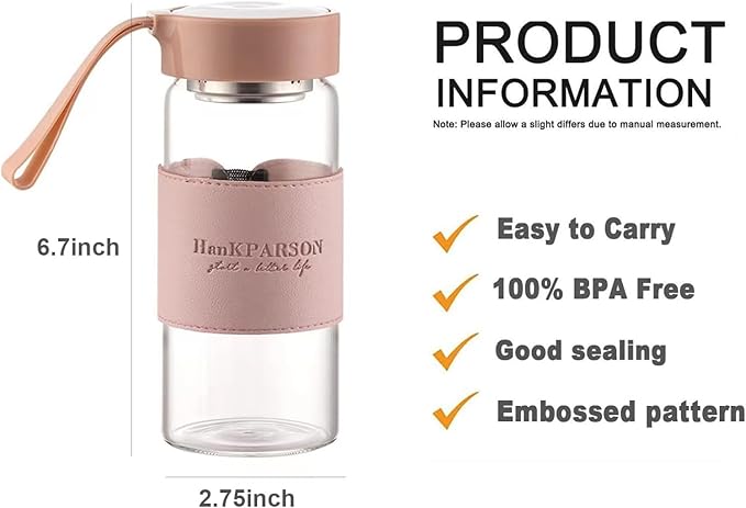 Glass Water Bottles 16 Oz Borosilicate water bottle-with sealing cap and Holsters and filters - BPA free,Men and Women Portable Glass Bottle (Pink+Blue)