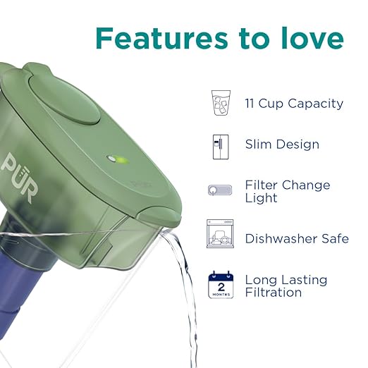 PUR Plus 11-Cup Water Filter Pitcher with 1 Lead-Reducing PUR Plus Filter, Dishwasher Safe, Powerful Filtration, Filter Change Indicator Light, Sage, PPT111M