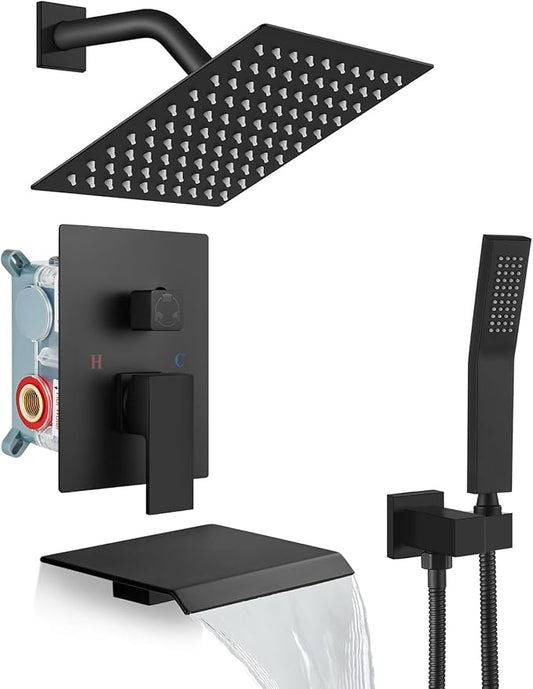 gotonovo Rain Shower Faucet System Set Rainfall Shower Head with Handheld Sprayer Waterfall Tub Spout Wall Mounted Mixer Combo Rough-in Valve and Trim Included 8 Inch Showerhead Matte Black