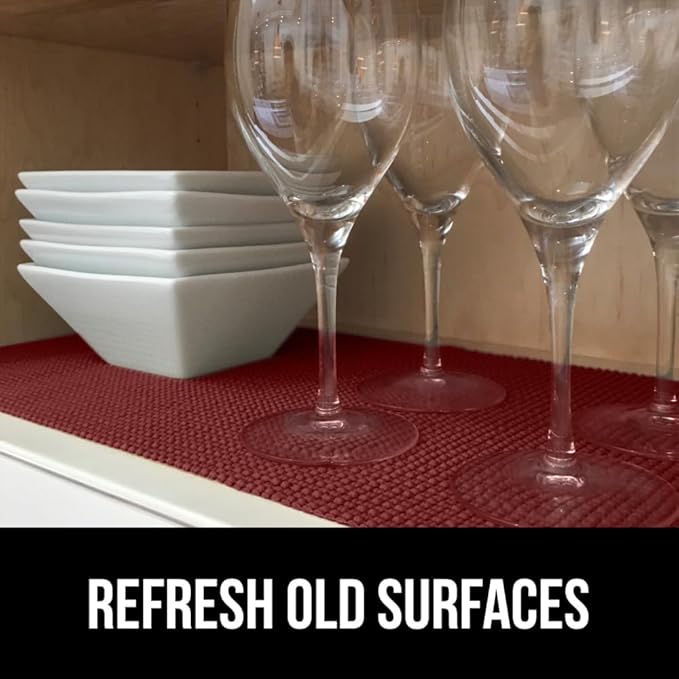 Gorilla Grip powerGRIP Drawer Shelf and Cabinet Liner, Thick Strong Hold, Non-Adhesive Liners Protect Kitchen Cabinets and Cupboard, Bathroom Drawers, Easy Install, Breathable Mat, 17.5" x10', Red