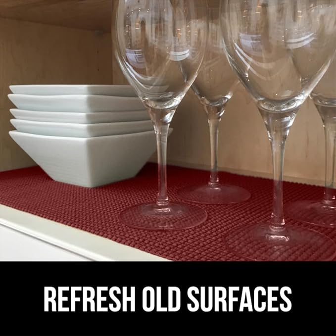 Gorilla Grip powerGRIP Drawer Shelf and Cabinet Liner, Thick Strong Hold, Non-Adhesive Liners Protect Kitchen Cabinets and Cupboard, Bathroom Drawers, Easy Install, Breathable Mat, 17.5" x20', Red