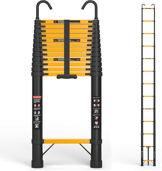 16.5 FT Telescoping Ladder with Hooks, Aluminum Extension Ladder, 330 lbs Load Capacity, Multi-Purpose Collapsible Ladder for Home and Work; Yellow