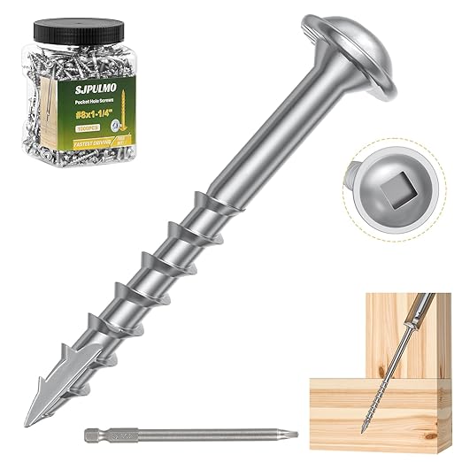 Pocket Hole Screws 1-1/4 Inch，1000Pcs Exterior Pocket Screws #8 X 1-1/4" Reverse-Thread 2X Faster Self-Tapping for Woodworking DIY Projects Pocket Joinery Drive Bit Included(Silver)