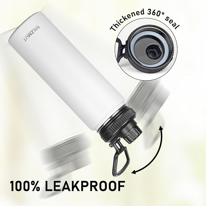 Insulated Water Bottle 24oz Stainless Steel Water Bottles with Straw&3 Lids Sports Metal Water Bottle Thermos Cup Double Walled Vacuum Insulated Bottles Leak-Proof Travel(White)