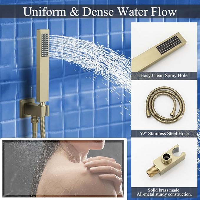 12 Inch Brushed Gold Ceiling Mount Shower System Bathroom Luxury Rain Mixer Shower Combo Set Ceiling Rainfall Shower Head System Faucet Contain Rough-in Valve and Trim Included