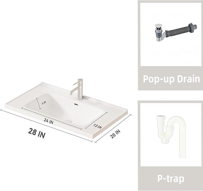 28'' Bathroom Vanity with Ceramic Sink Combo and Medicine Cabinet Mirror with Led Light/Defog, Wall Mounted Small Bathroom Vanity with Soft-Close Door Modern Floating Cabinet, Khaki(No Faucet)