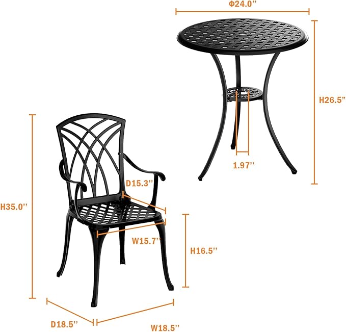 Patio Bistro Set 3 Piece, Cast Aluminum Bistro Set for 2 w/Umbrella Hole, Outdoor Table and Chairs Set of 2, Bistro Set for Balcony/Backyard/Garden, Black