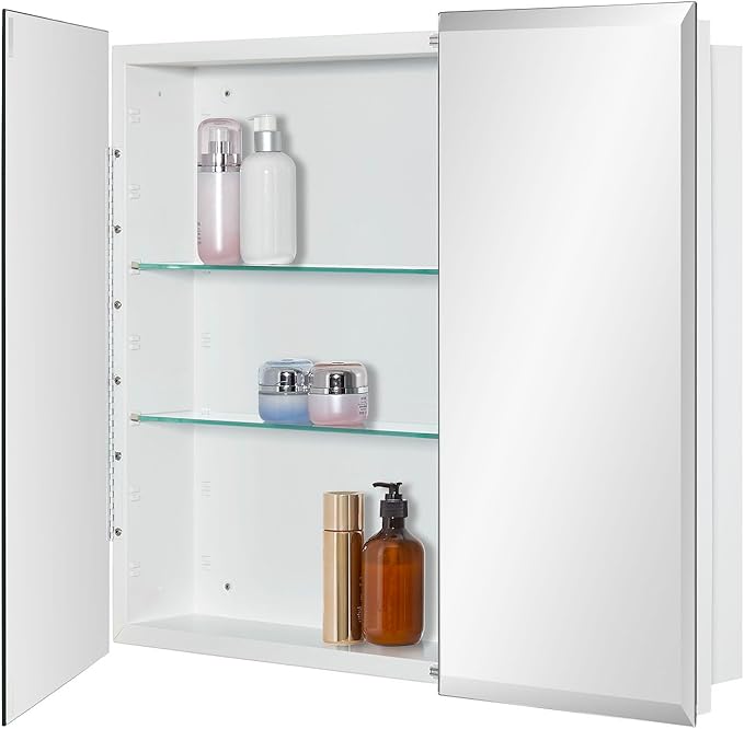 Bathroom Medicine Cabinet with Beveled Edge Mirrored Door 30 x 26 inch, Recessed or Surface Mount, with Adjustable Glass Shelves