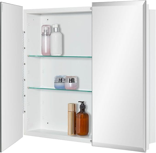 Bathroom Medicine Cabinet with Beveled Edge Mirrored Door 30 x 26 inch, Recessed or Surface Mount, with Adjustable Glass Shelves