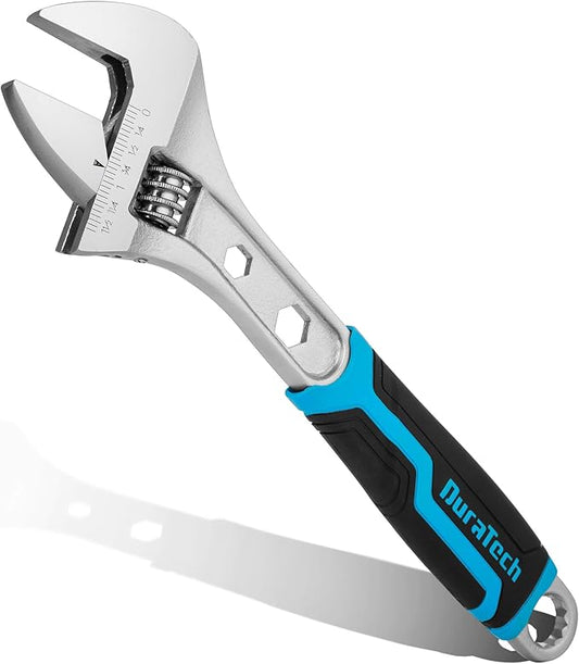 DURATECH 12 Inch Adjustable Wrench, 3-in-1 Spanner with Box End/Hex Function, CR-V Steel, Metric & SAE Scales, Chrome-plated, Bi-material soft Grip