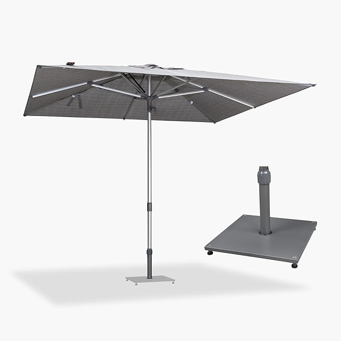 PURPLE LEAF 10 X 10 FT Semi-Auto Outdoor Patio Umbrella with Base Market Table Sun Umbrellas with 8 Aluminum Sturdy Ribs for Backyard Deck Garden Pool (Silver Pole Gray Canopy)