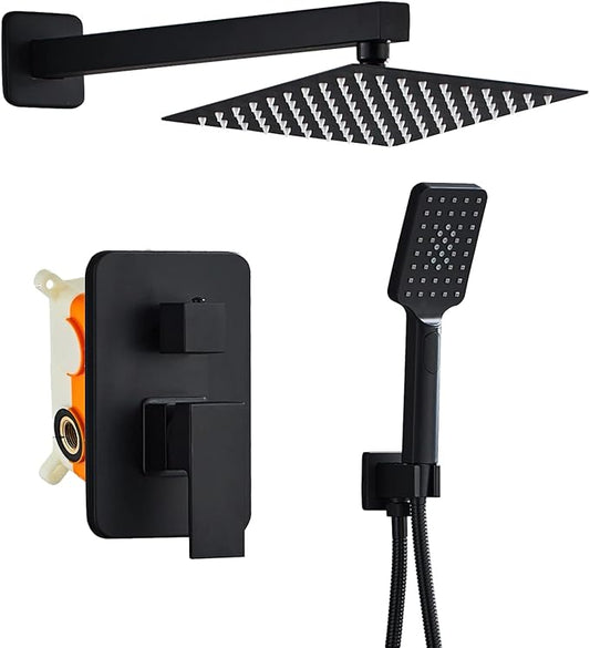 8 Inch Shower System with Tub Spout, Black Shower Faucet Set for Bathroom, Square High Pressure Shower Head, 2-Setting Handheld Faucets Sets, Wall Mounted Rainfall Shower Valve Kit
