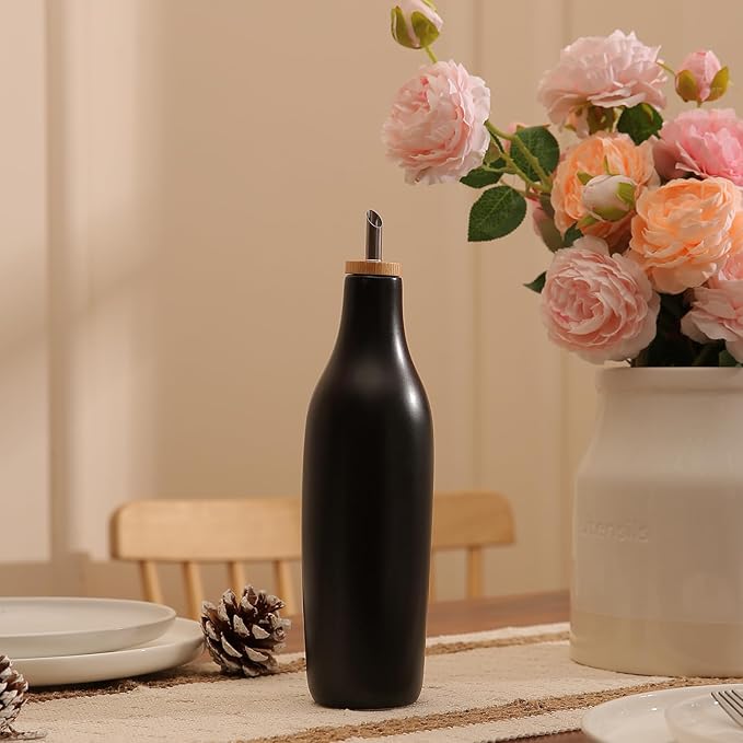 HOMCDALY Ceramic Olive Oil Dispenser for Kitchen, Stoneware 16oz Oil and Vinegar Bottles Dispenser, Kitchen Dispenser Bottle for EVOO Vinegar Syrups, Modern Farmhouse Design(B)