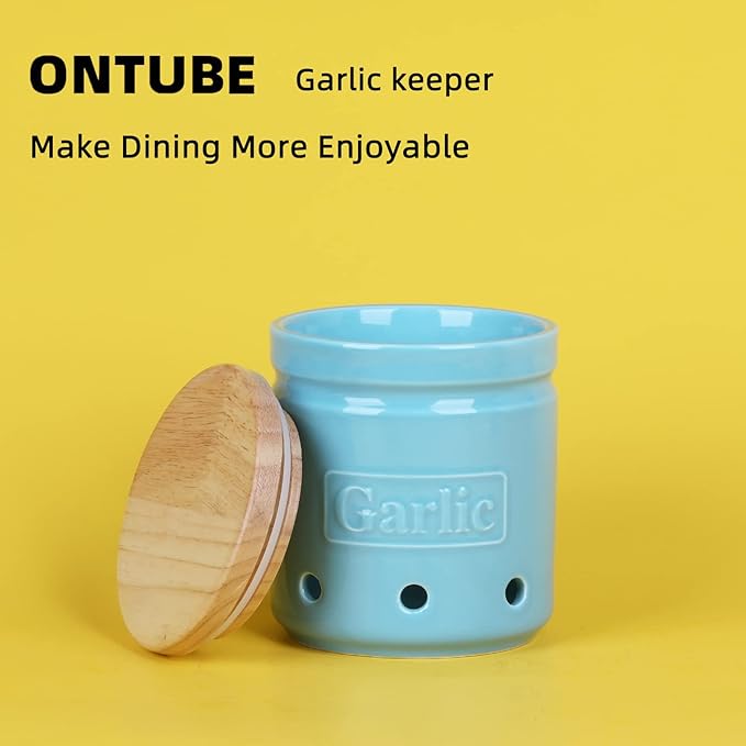 Large Garlic Keeper with Wooden Lid, Ceramic Garlic Holder Storage, Garlic Container for Kitchen, Garlic Saver to Keep Your Garlic Cloves Fresh Longer 4.5-Inch, Turquoise