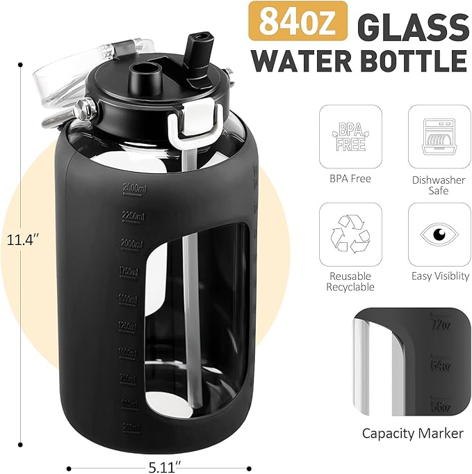 84oz Glass Water Bottle with Stainless Steel Handle,2.5L Gallon Water Bottle With 2-IN-1 Straw Lid, Silicone Sleeve and Motivational Capacity Marker, Wide Mouth Water Jug For Gym, Workout, Black