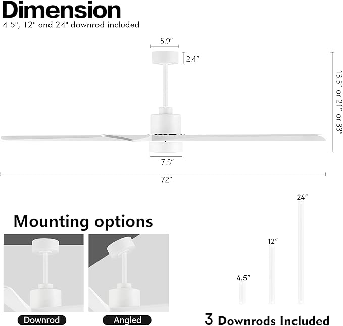 WINGBO 72 Inch DC Ceiling Fan with Lights and 3 Downrods, 5 Reversible Carved Wood Blades, 6-Speed Noiseless DC Motor, Modern Ceiling Fan in White Finish, ETL Listed