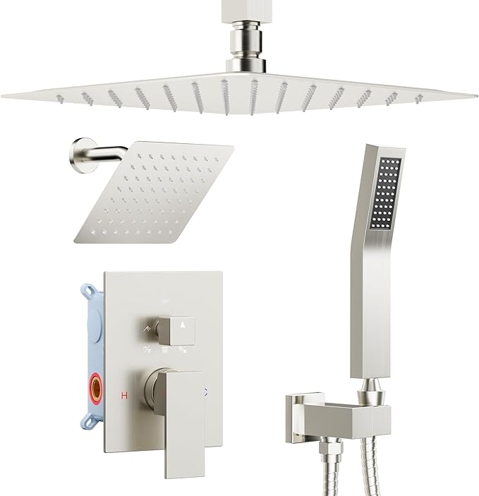 Shower Faucet Set Brushed Nickel Shower System, STARBATH 12+6" Double Rain Shower Head and Handheld Spray for Two Person, Ceiling Mount 3 Way Shower Valve with 5 Diverter and Trim Kit Shower Set