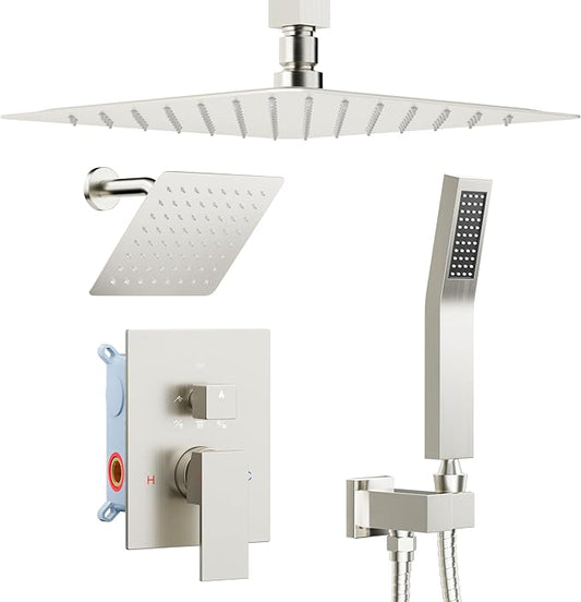 Shower Faucet Set Brushed Nickel Shower System, STARBATH 12+6" Double Rain Shower Head and Handheld Spray for Two Person, Ceiling Mount 3 Way Shower Valve with 5 Diverter and Trim Kit Shower Set