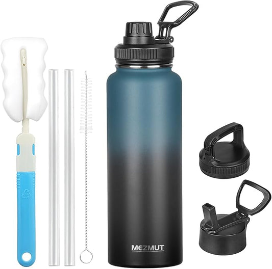 Insulated Water Bottle with Straw&3 Lids 40oz Stainless Steel Water Bottles Metal Water Bottle Double Walled Vacuum Insulated Bottles Thermos Leak-Proof Travel Thermal (Gradient Blue Black)