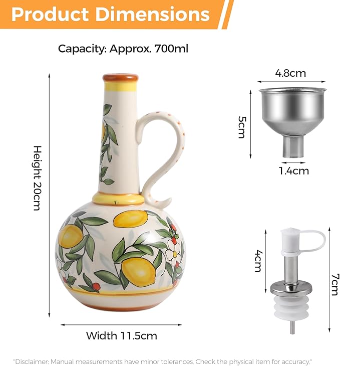 Ceramic Olive Oil Dispenser Bottle 23oz with Handles, Hand Painted Multi-Use Oil Cruet & Flower Vase, Decorative Stoneware Kitchen Cruet with Stainless Steel Spout for Oils, Sauces, Vinegar (C)
