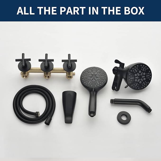3 Handles Shower Faucet Set with Tub Spout Bathtub Shower Faucet Combo Set Shower Systems Complete Tub and Shower Trim Kit Matte Black…